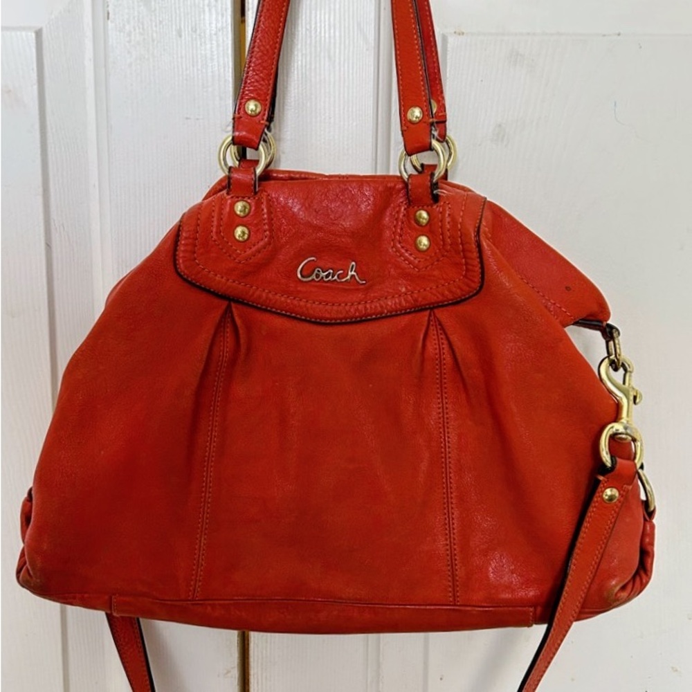 Coach Orange-Red Leather Shoulder Bag with Gold Hardware